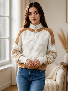 French Connection Winter White & Camel Half-Zip Ribbed Knit Sweater Size Medium